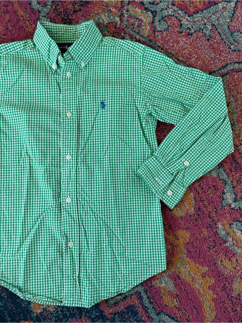 Ralph Lauren | Boys Green/White Gingham Long Sleeve Button Up Oxford Shirt Sz 7